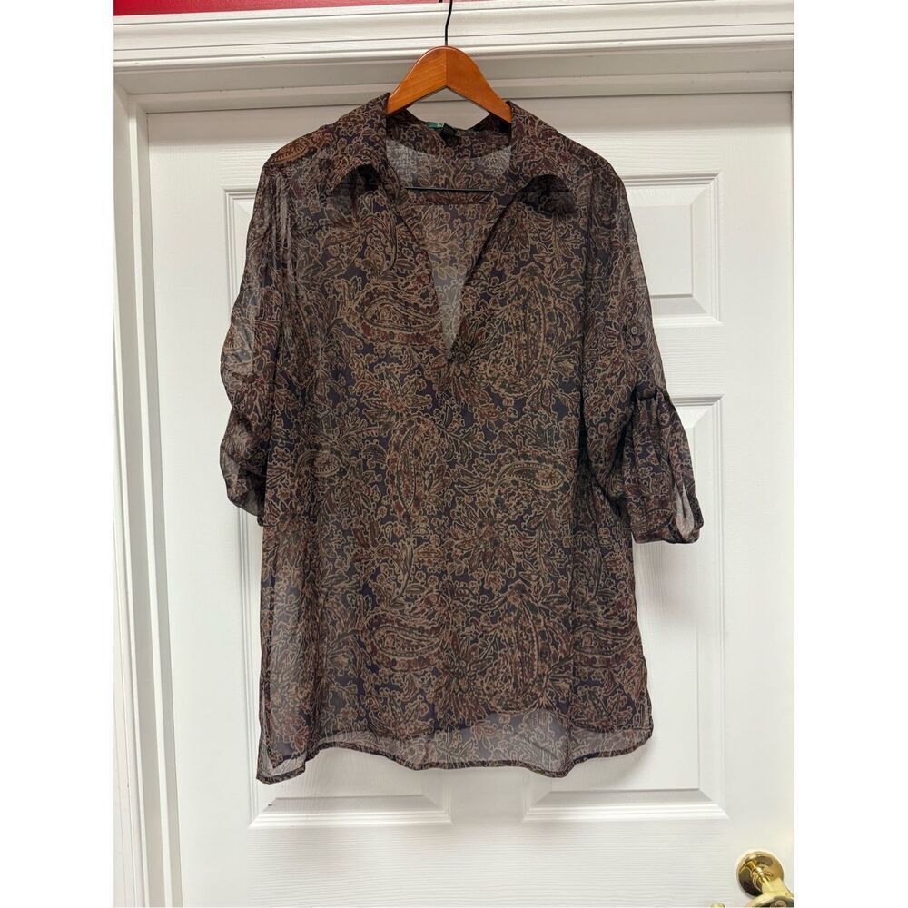 Lauren Ralph Lauren Plum & Brown 100% Silk Floral Roll B-Neck Tunic Blouse sz 2X